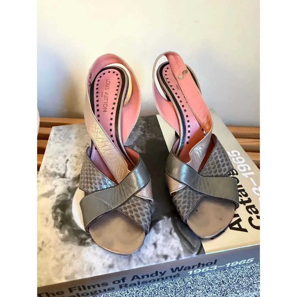 Vintage Louis Vuitton Metallic Leather & Snakeskin Slingback Heels Size 38.5